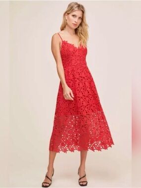ASTR The Label Red Lace Midi Dress with V-Neck and Spaghetti Straps